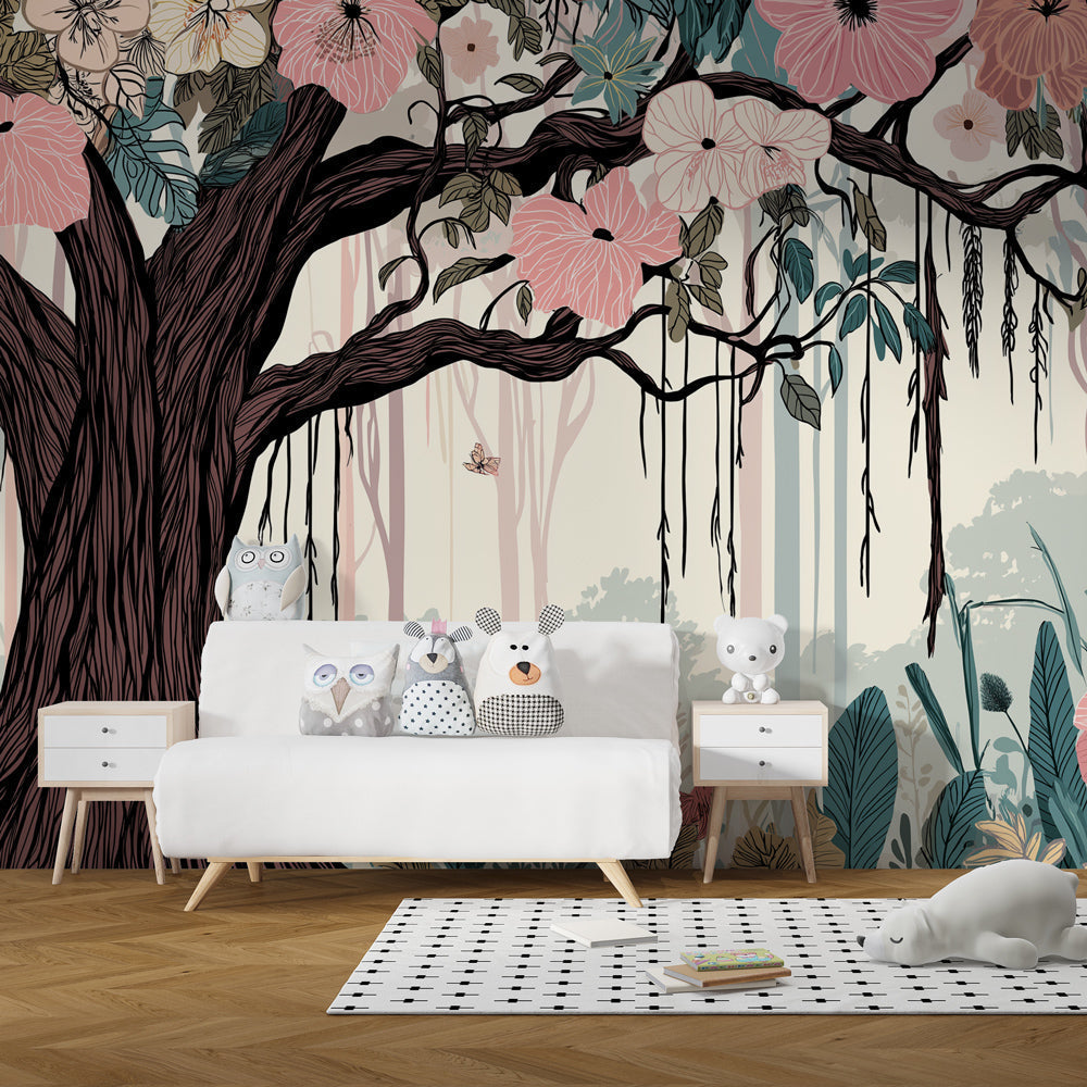 Floral tree wallpaper creating magical atmosphere in children's bedroom with blue and pink tones