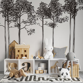 Black white tree mural wallpaper complementing minimalist children's room design