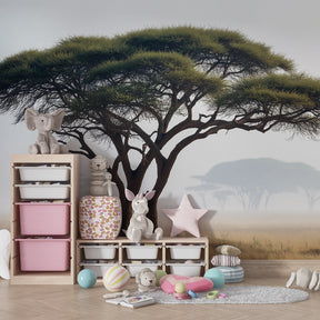 Mystical tree wallpaper creating serene natural atmosphere in children's bedroom decor