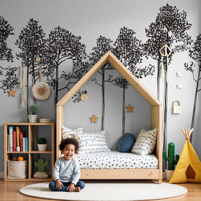Minimalist black white tree mural wallpaper in modern nursery room by Kids-Mundo