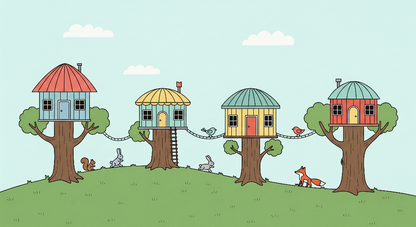 Kids-Mundo flat artwork of four connected treehouses with a squirrel, rabbits and a fox.