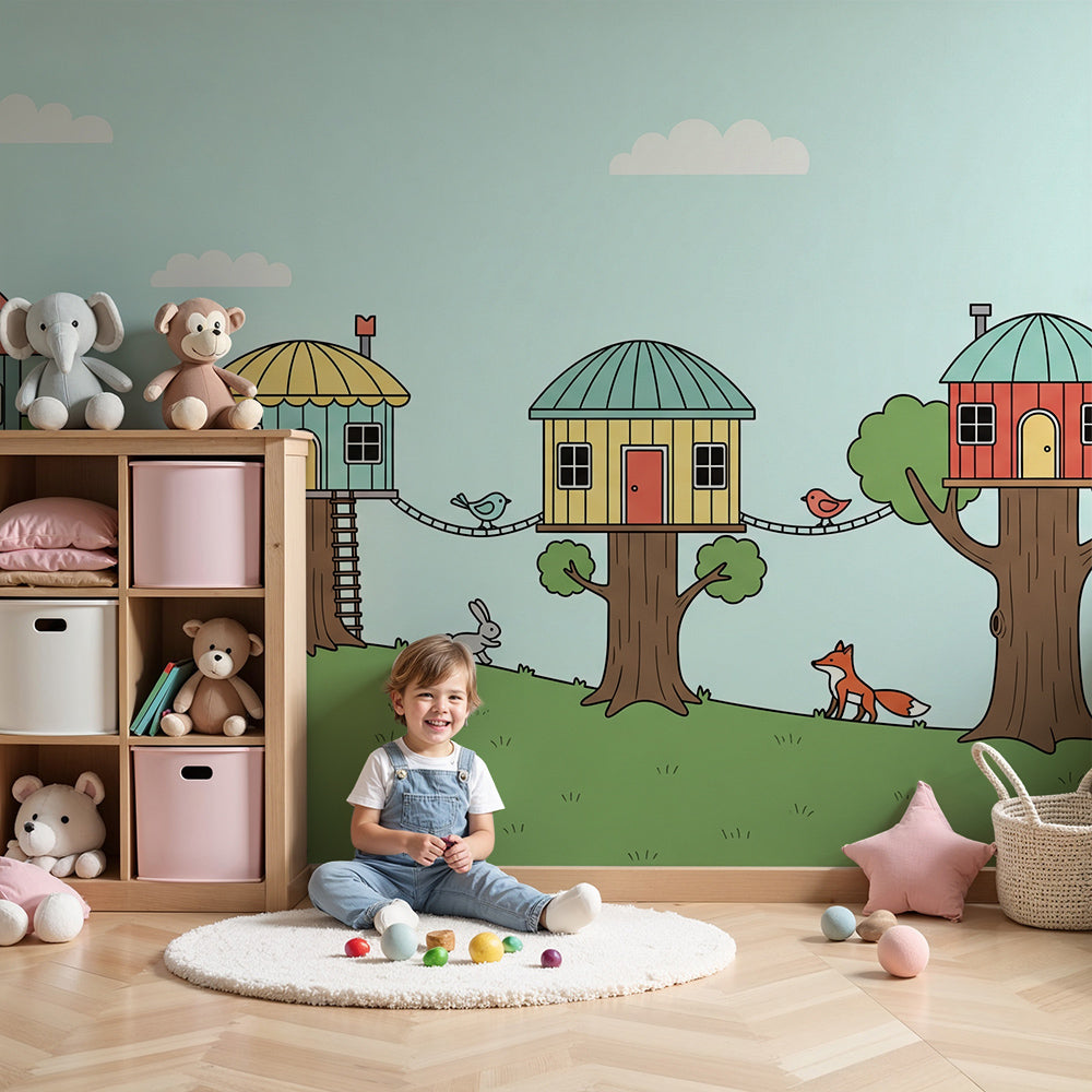 Kids-Mundo treehouse village wall mural with woodland animals in a calm, pastel nursery.