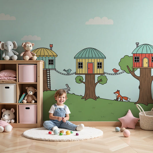 Kids-Mundo treehouse village wall mural with woodland animals in a calm, pastel nursery.