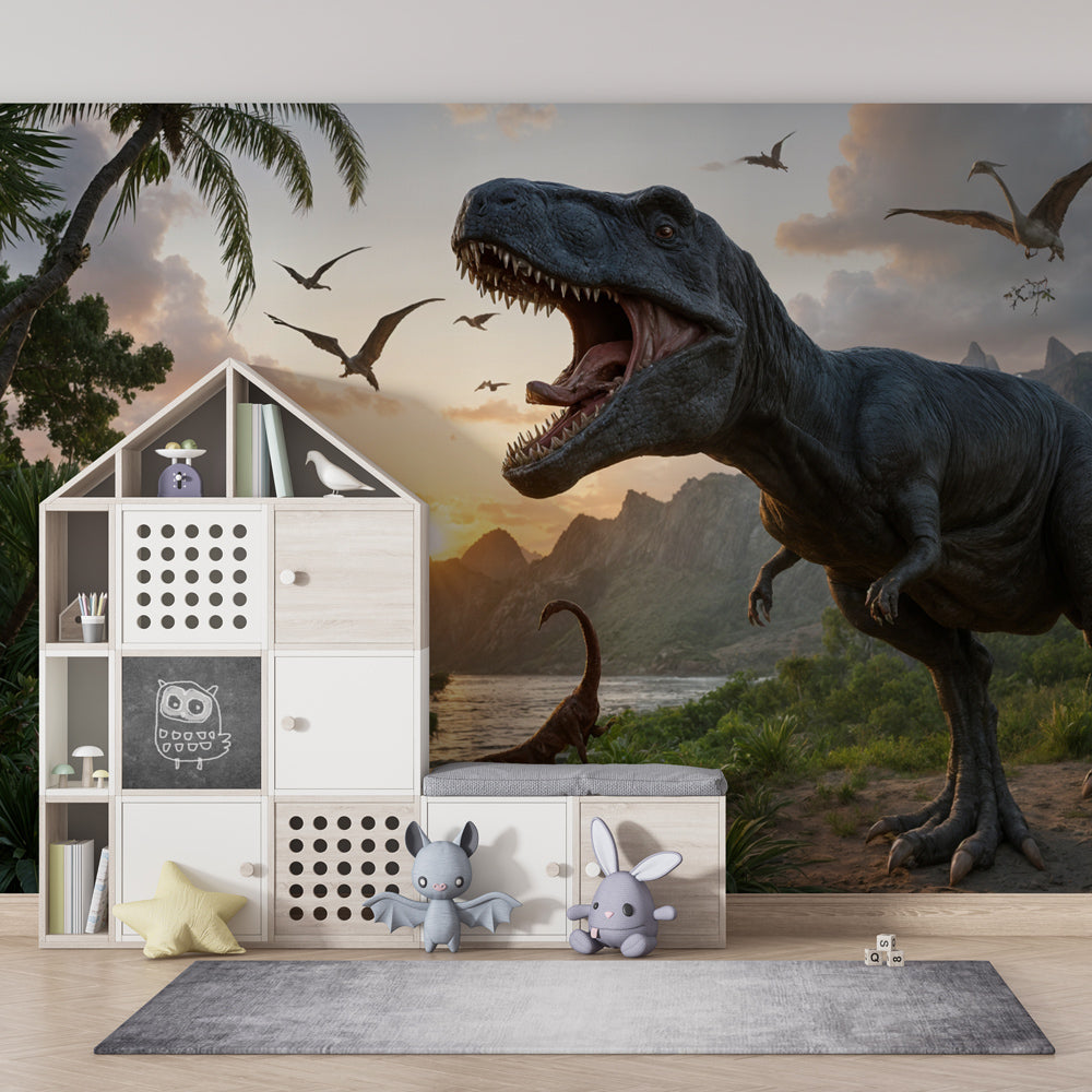 Kids-Mundo prehistoric dinosaur wall mural shown as playroom wallpaper with pterodactyls flying overhead