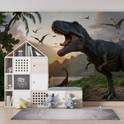 Kids-Mundo prehistoric dinosaur wall mural shown as playroom wallpaper with pterodactyls flying overhead