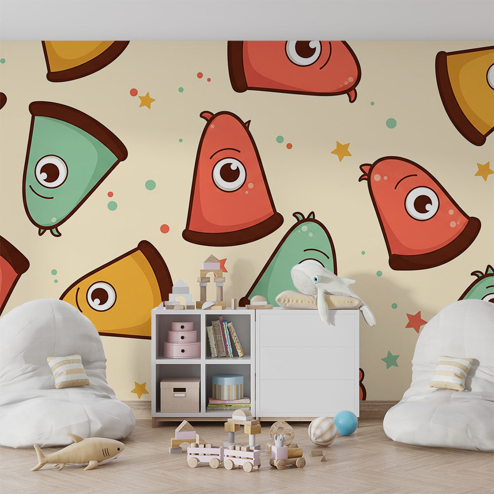 Kids bedroom wall styled with a Kids-Mundo triangle monster mural in coral, mint and mustard tones.
