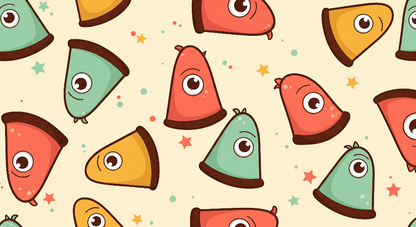Flat artwork of the Kids-Mundo triangle monster wall mural design with stars and bubbles on cream.