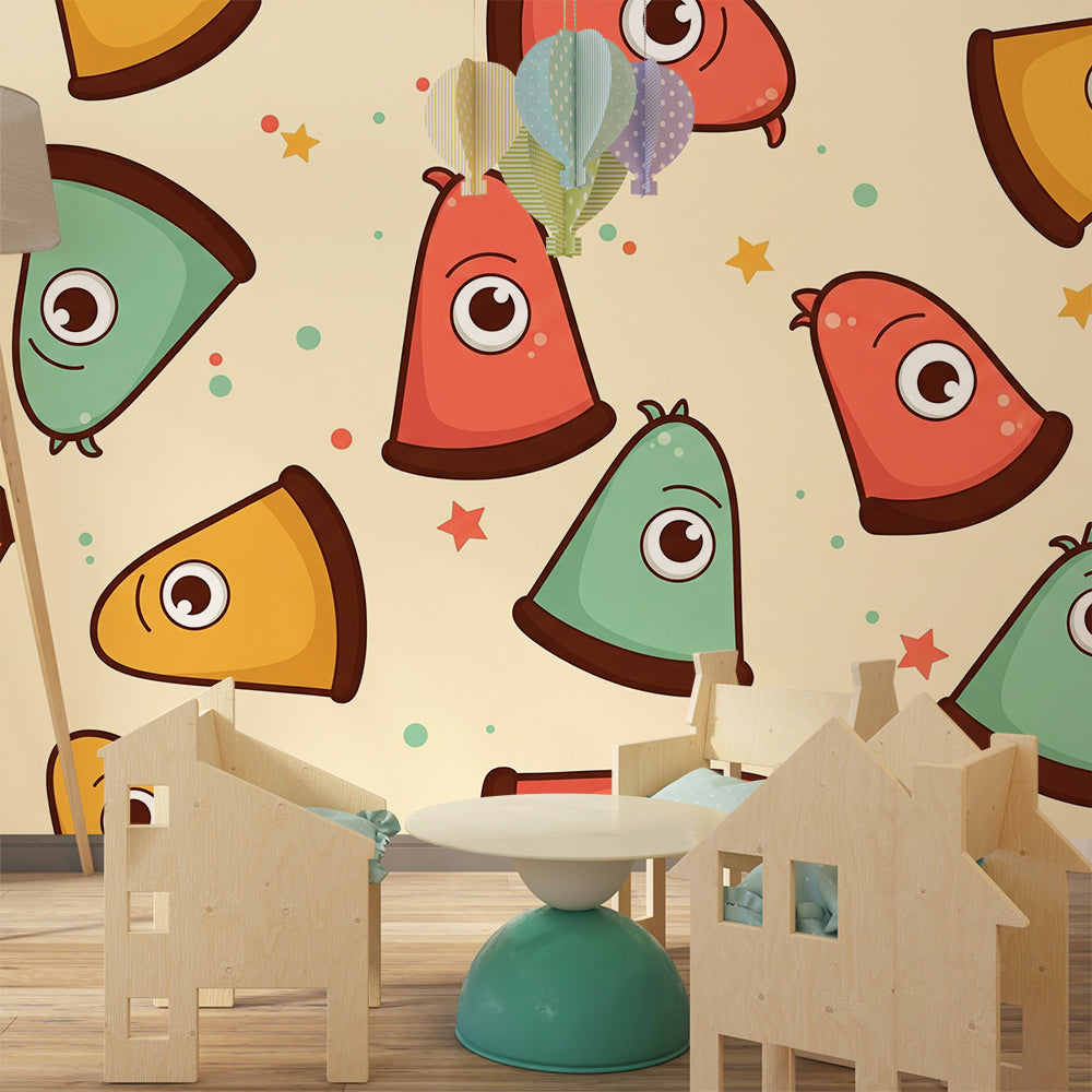 Playroom feature wall with a Kids-Mundo triangle monster wall mural and scattered stars and dots.