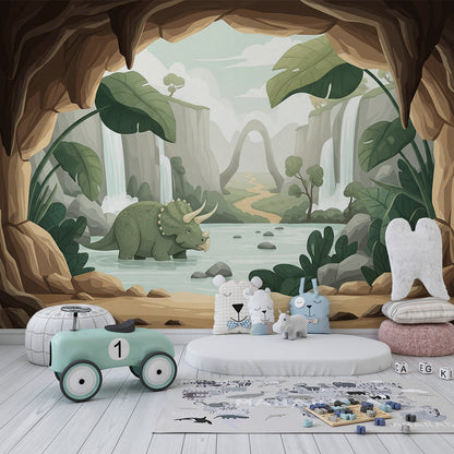 Kids-Mundo dinosaur cave mural filling a wall in a cosy children's playroom corner.
