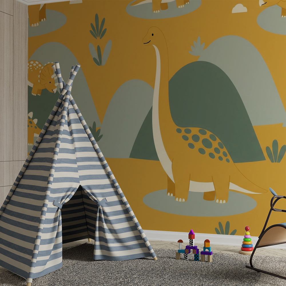 Kids-Mundo triceratops mural covering a playroom wall with toy storage baskets