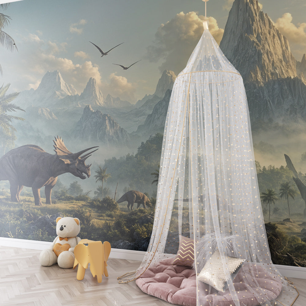 Kids-Mundo realistic dinosaur wall mural behind a bed in an adventurous kids bedroom