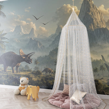 Kids-Mundo realistic dinosaur wall mural behind a bed in an adventurous kids bedroom