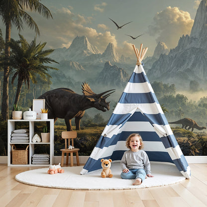 Kids-Mundo triceratops dinosaur wall mural with misty mountains in a bright nursery