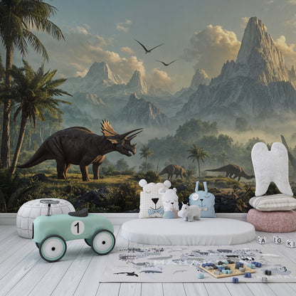 Kids-Mundo triceratops valley wall mural as a dramatic backdrop in a children's playroom