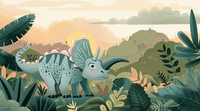 Detailed Triceratops jungle mural wallpaper design pattern with twilight tropical landscape by Kids-Mundo