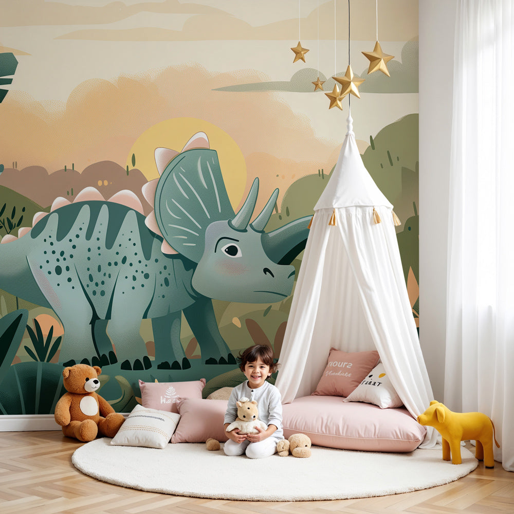 Triceratops jungle mural wallpaper in cozy children's bedroom with twilight colors by Kids-Mundo
