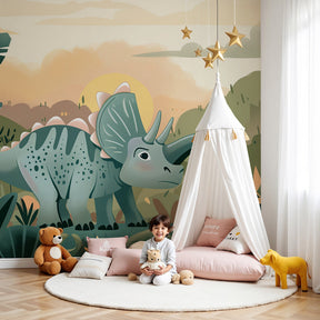 Triceratops jungle mural wallpaper in cozy children's bedroom with twilight colors by Kids-Mundo