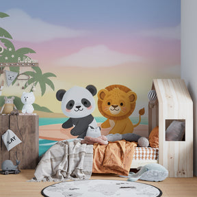 Panda lion surfing wallpaper creating tropical themed kids bedroom with wooden furniture and colorful decor