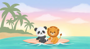Detailed tropical adventure mural wallpaper design pattern featuring panda and lion surfing by Kids-Mundo