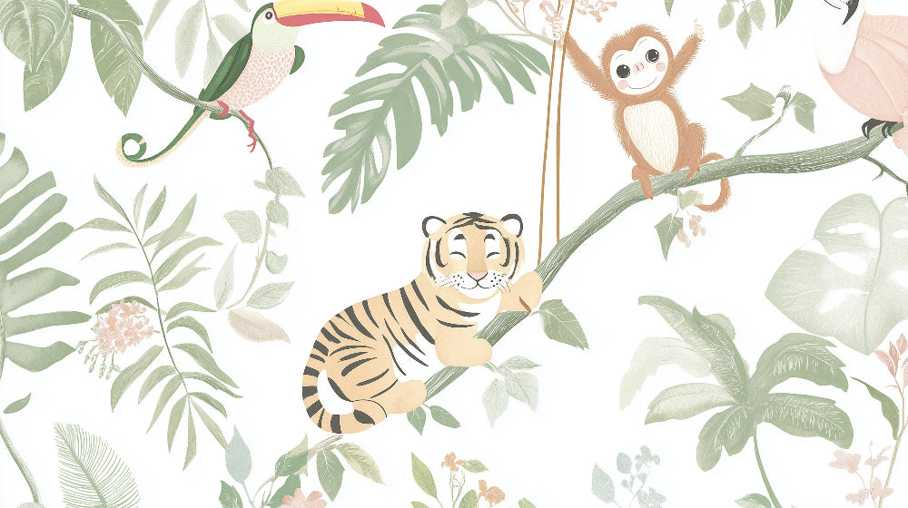 Detailed tropical adventure mural wallpaper design pattern featuring tigers and toucans by Kids-Mundo