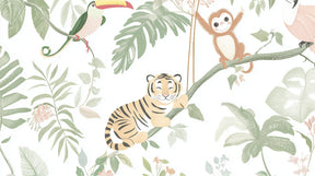 Detailed tropical adventure mural wallpaper design pattern featuring tigers and toucans by Kids-Mundo