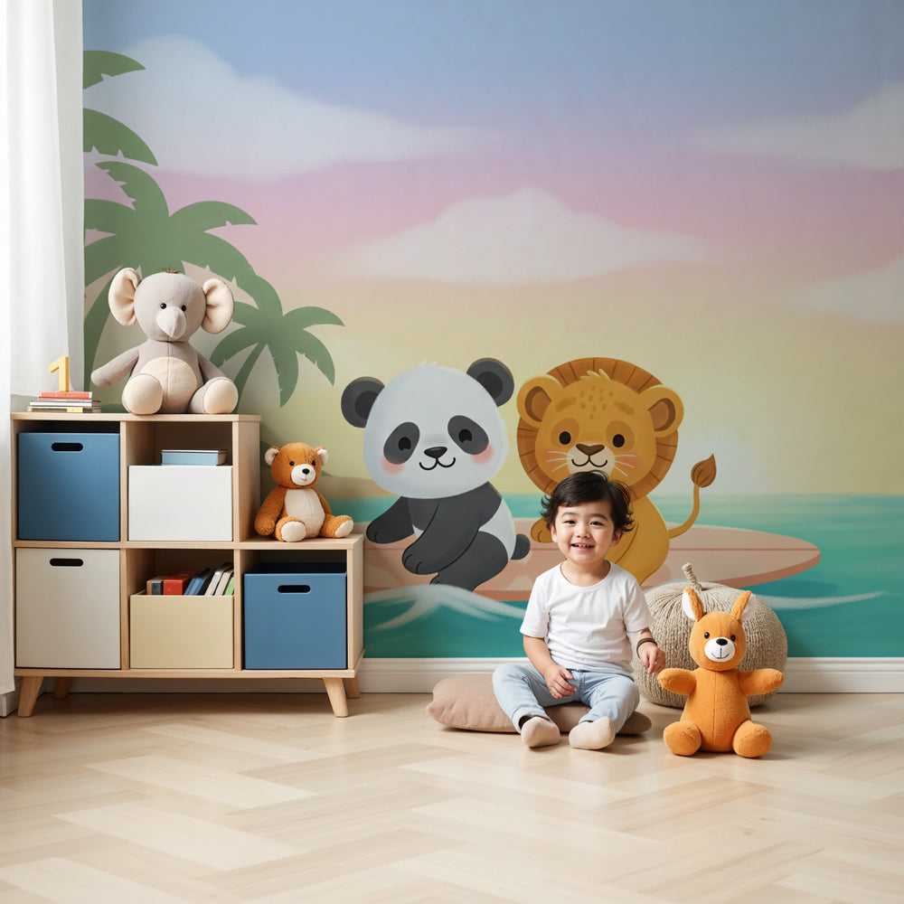 Tropical adventure mural wallpaper with panda and lion surfing in bright children's nursery by Kids-Mundo