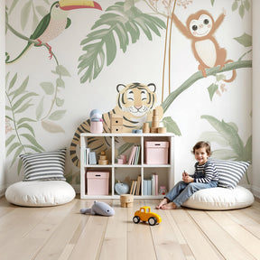 Tropical adventure mural wallpaper with tigers and toucans in modern kids nursery by Kids-Mundo