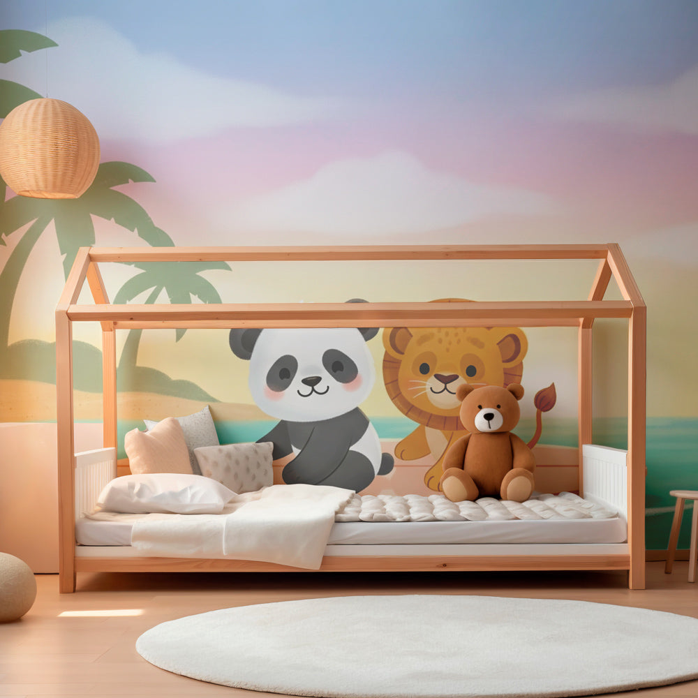 Safari surf mural wallpaper transforming children's playroom into tropical adventure space by Kids-Mundo