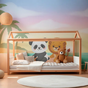 Safari surf mural wallpaper transforming children's playroom into tropical adventure space by Kids-Mundo
