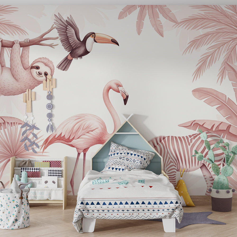 Safari animals wallpaper creating dreamy tropical atmosphere in kids bedroom decor