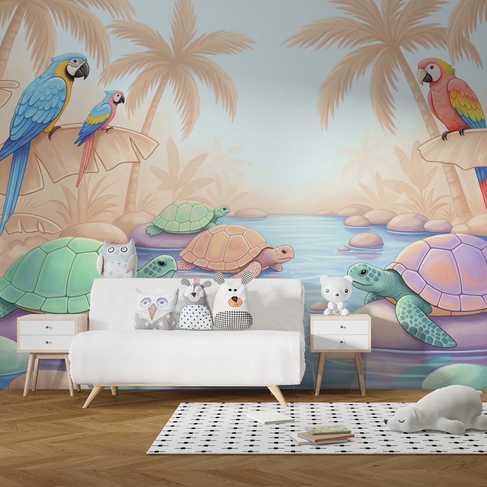 Children's bedroom featuring tropical paradise mural wallpaper with colorful parrots and turtles