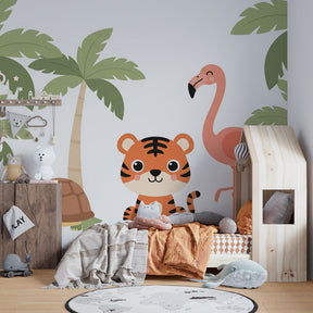 Exotic wildlife wallpaper creating tropical paradise atmosphere in kids bedroom
