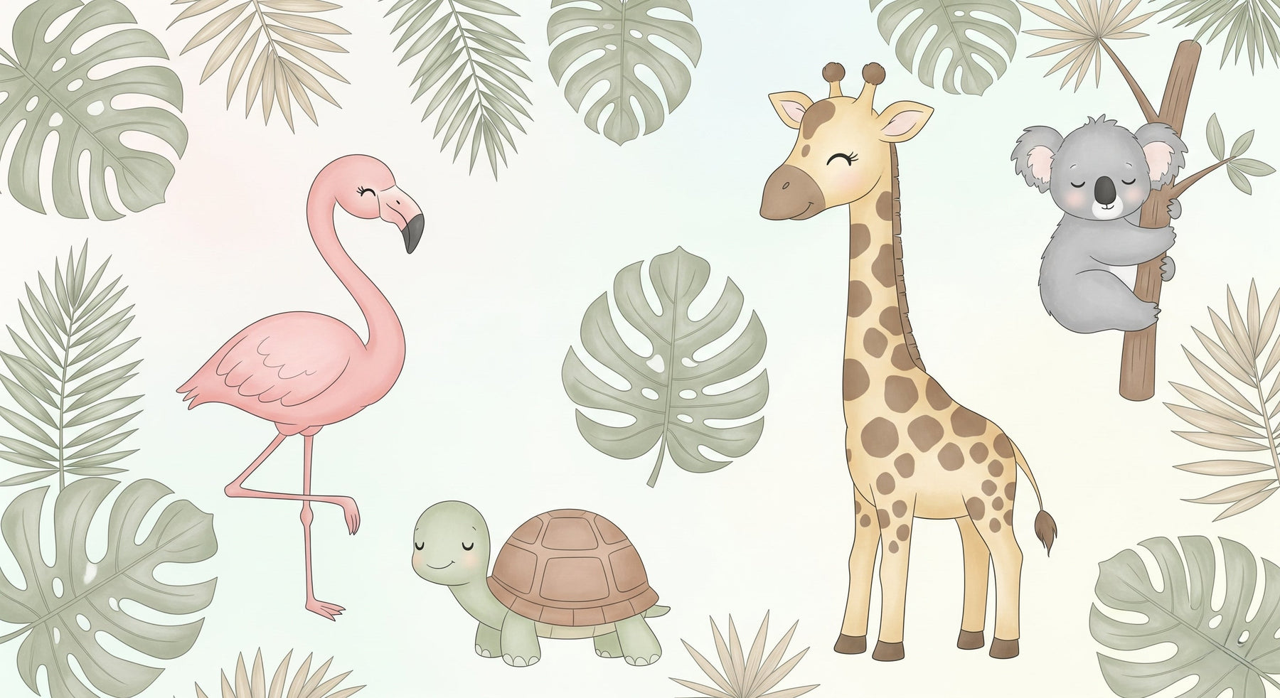 Detailed tropical animals mural wallpaper design pattern with koala and turtle by Kids-Mundo