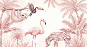 Detailed tropical animals mural wallpaper design pattern with pink foliage by Kids-Mundo