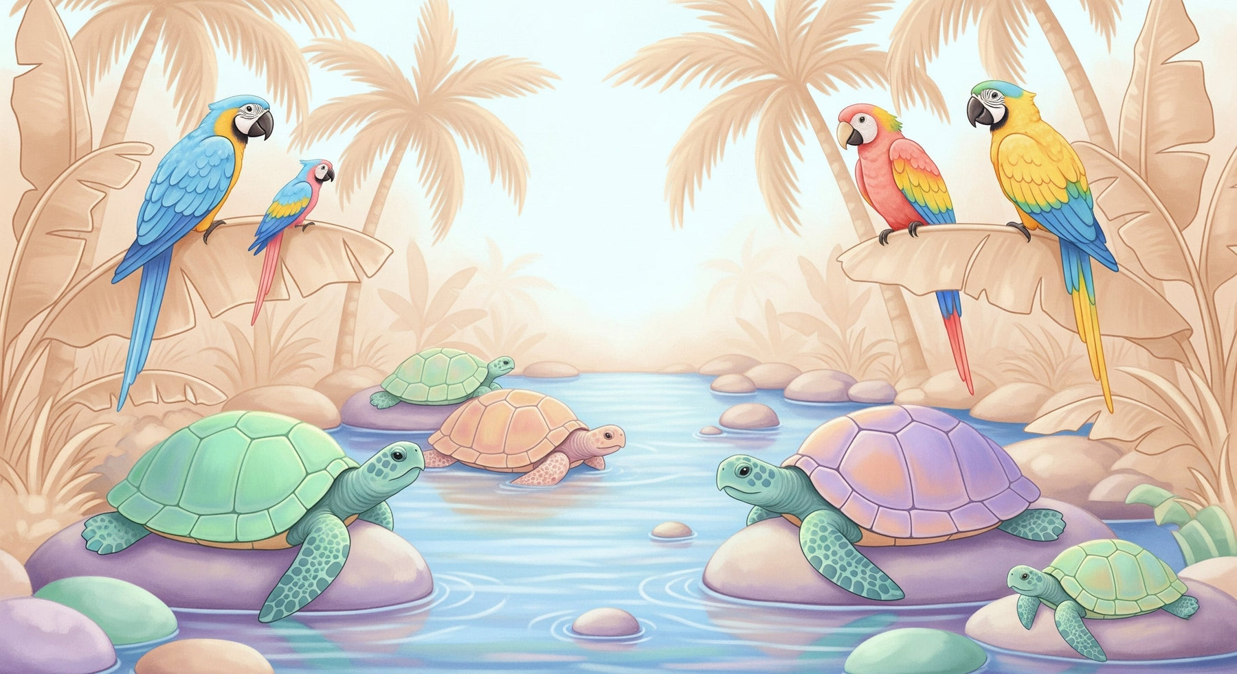 Detailed tropical animals mural wallpaper design pattern showing turtles and parrots by Kids-Mundo