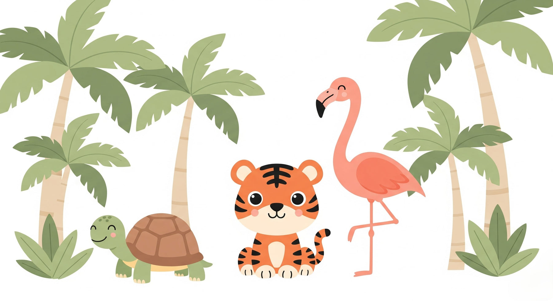 Detailed tropical animals mural wallpaper design pattern with tiger, turtle and flamingo by Kids-Mundo