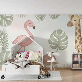 Safari animals wallpaper creating peaceful kids bedroom decor with exotic foliage