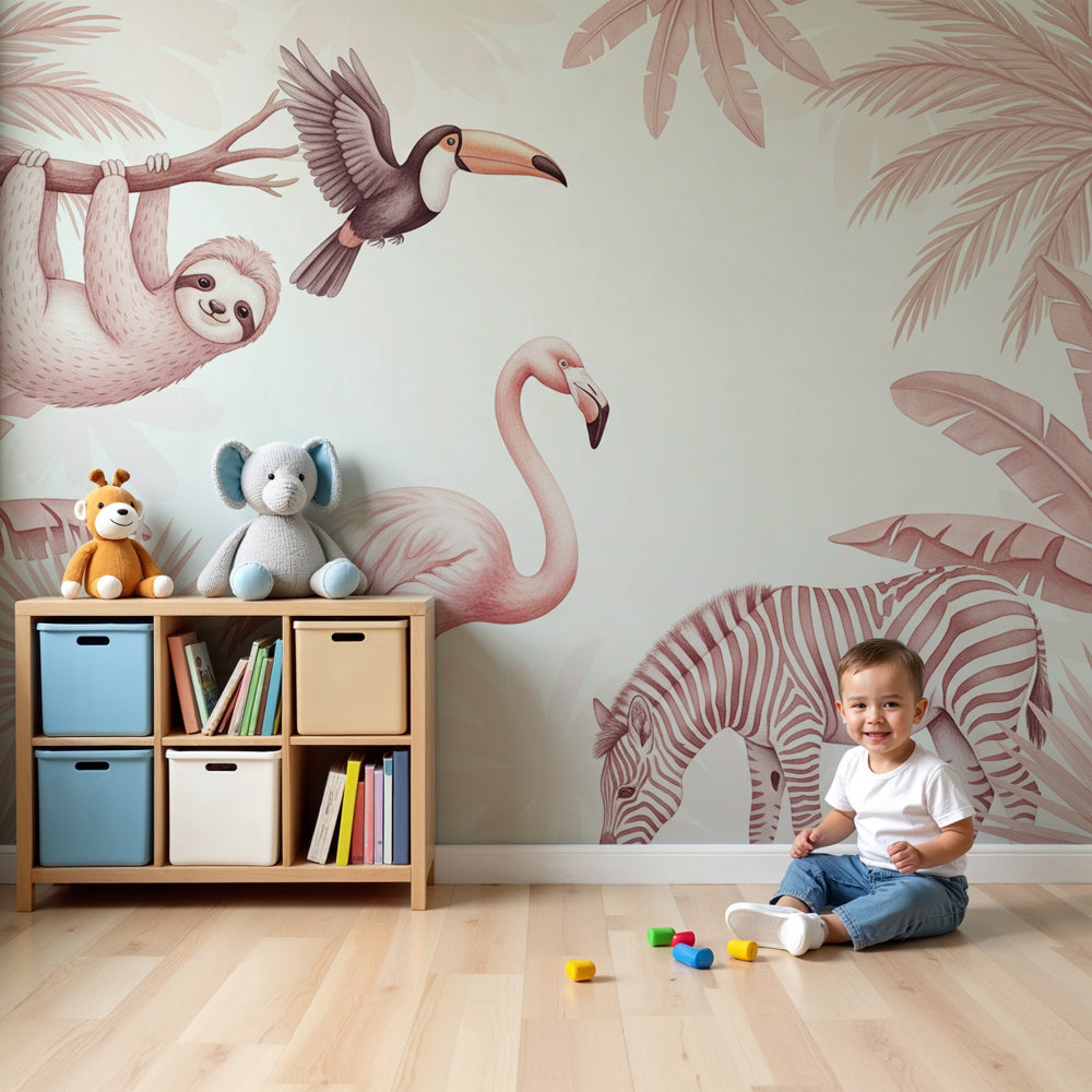 Tropical animals mural wallpaper with pink foliage in modern nursery room by Kids-Mundo