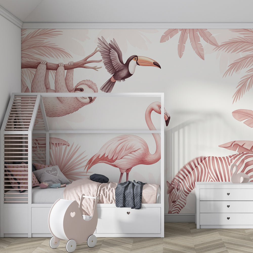 Pink tropical jungle wallpaper with sloth toucan flamingo zebra in children's playroom