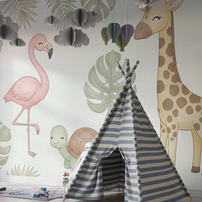 Tropical safari mural wallpaper in children's playroom with natural wood furniture