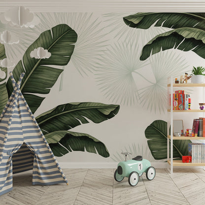 Kids-Mundo banana leaf wall mural behind a bed in a bold, tropical kids bedroom setting