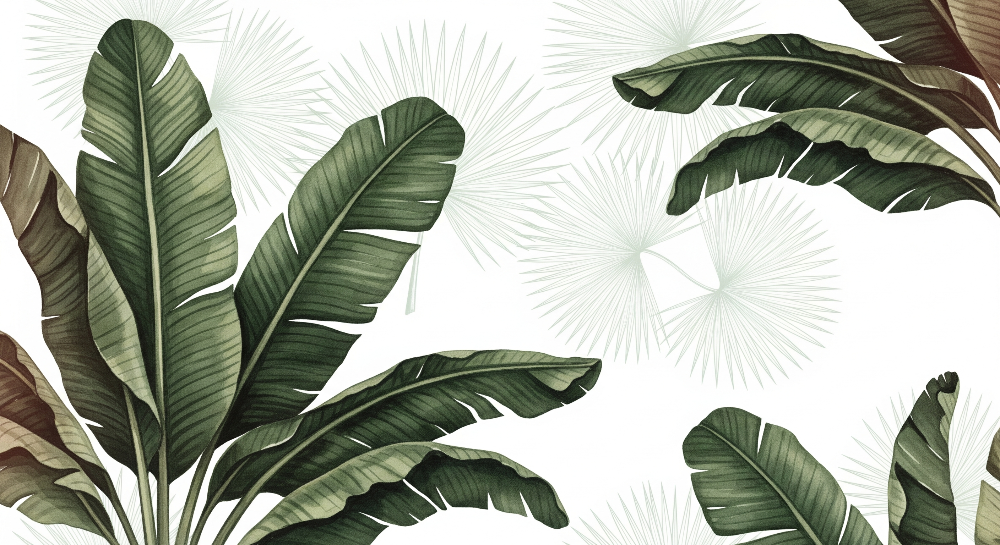 Flat artwork of the Kids-Mundo banana leaf wall mural showing lush green tropical leaves