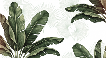 Flat artwork of the Kids-Mundo banana leaf wall mural showing lush green tropical leaves