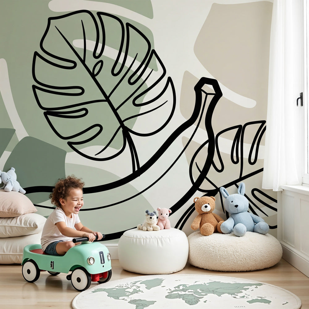 Tropical banana mural wallpaper with exotic leaves decorating modern nursery by Kids-Mundo