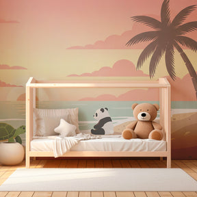 Children's tropical paradise wallpaper creating serene coastal bedroom atmosphere