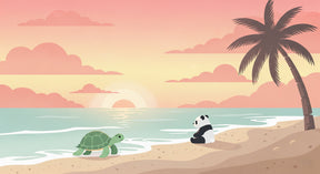 Detailed tropical beach mural wallpaper design pattern with panda and turtle by Kids-Mundo