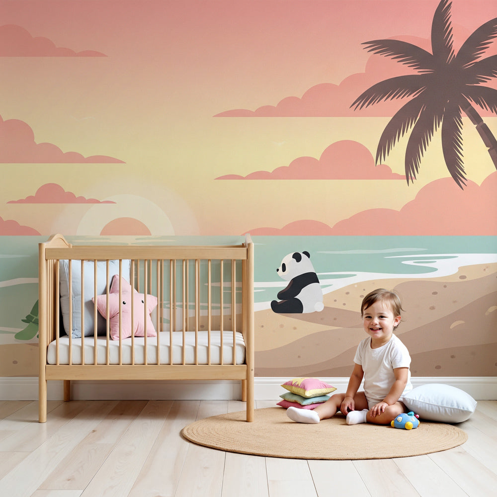 Tropical beach mural wallpaper with panda and turtle in peaceful nursery setting by Kids-Mundo