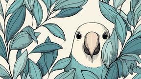Detailed tropical bird and foliage mural wallpaper design pattern by Kids-Mundo showing colorful artwork