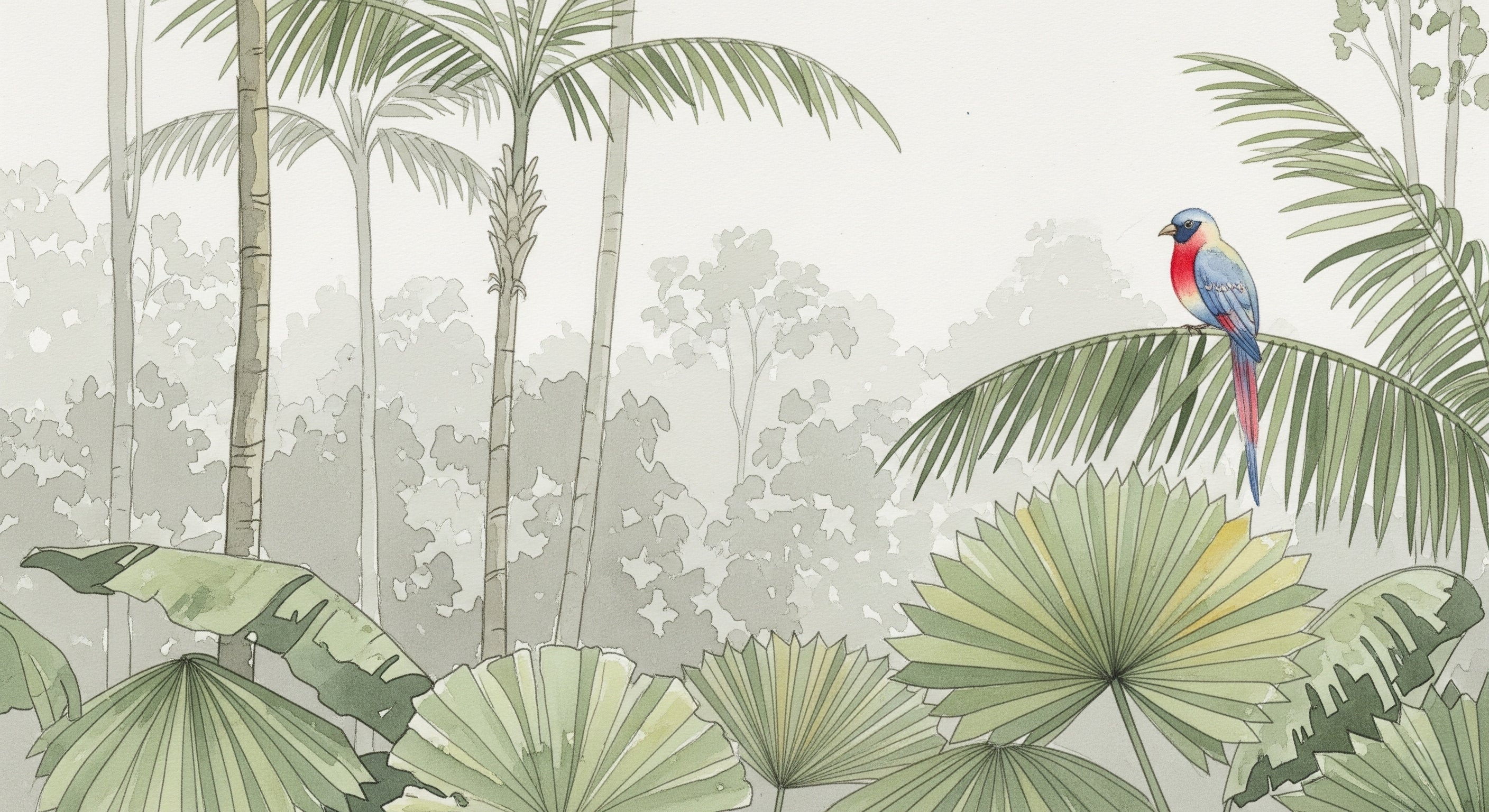 Detailed tropical bird and jungle foliage mural wallpaper design pattern by Kids-Mundo