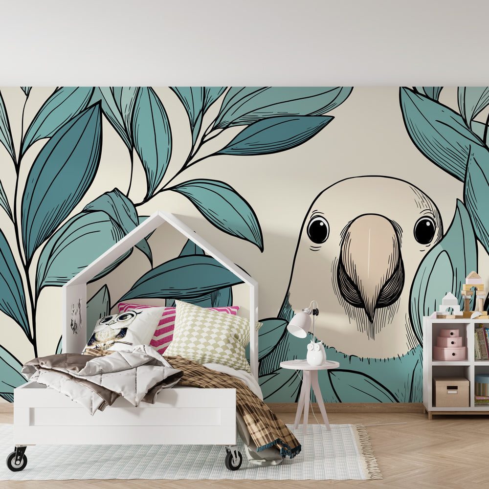 Colorful bird and foliage mural wallpaper transforming children's bedroom into tropical paradise